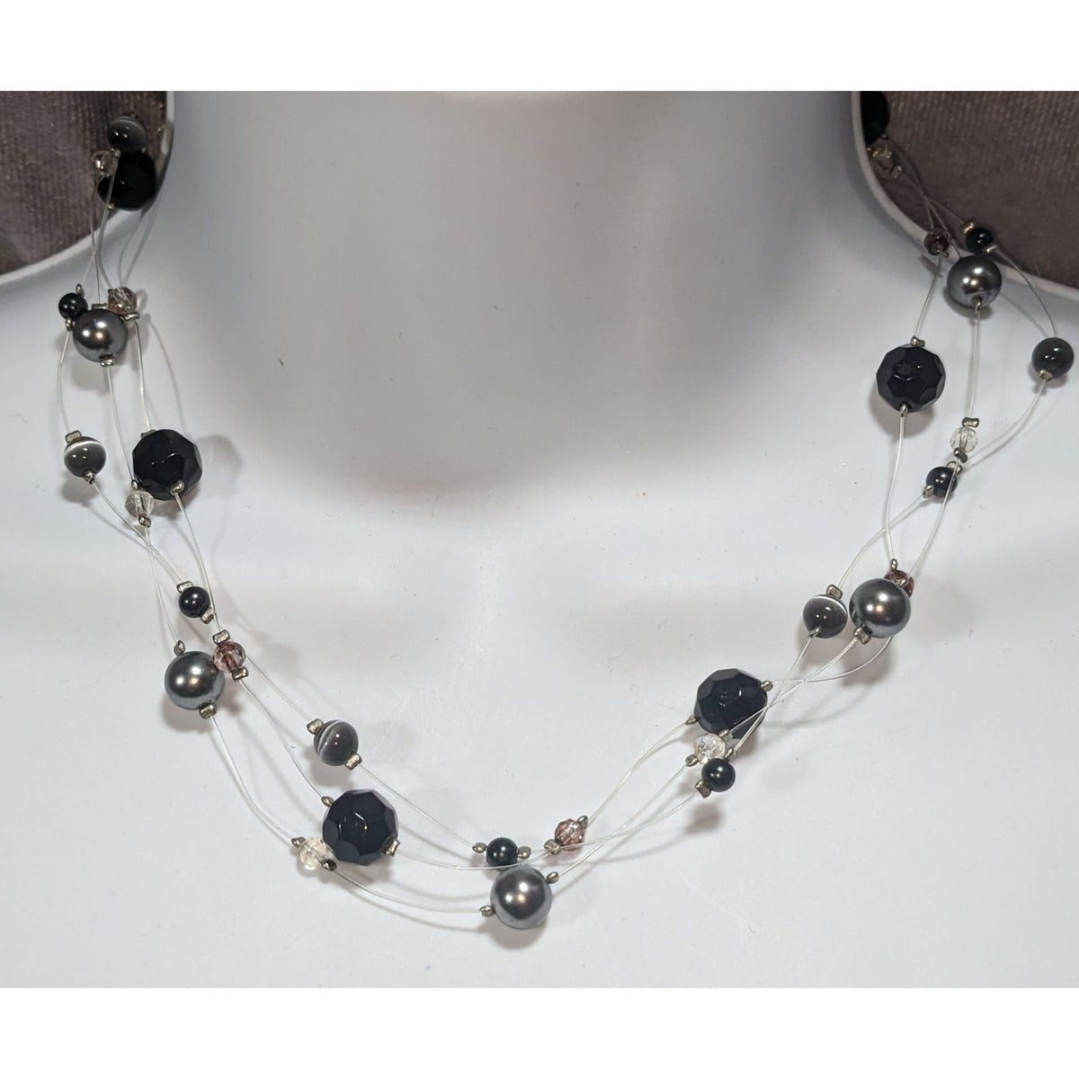 Gothic Glam Floating Black Gunmetal Beaded Illusion Necklace 16 Inch
