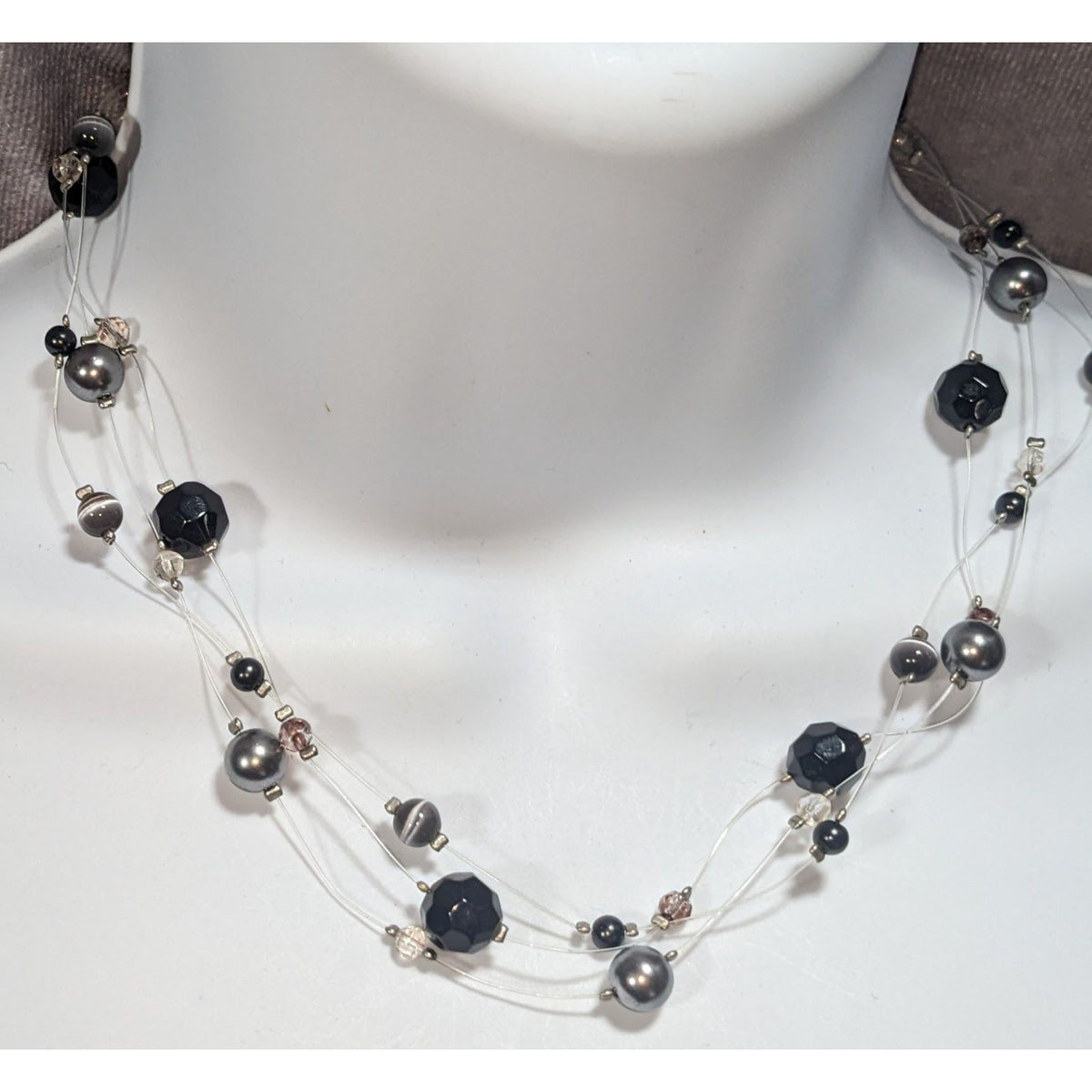 Gothic Glam Floating Black Gunmetal Beaded Illusion Necklace 16 Inch