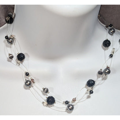 Gothic Glam Floating Black Gunmetal Beaded Illusion Necklace 16 Inch
