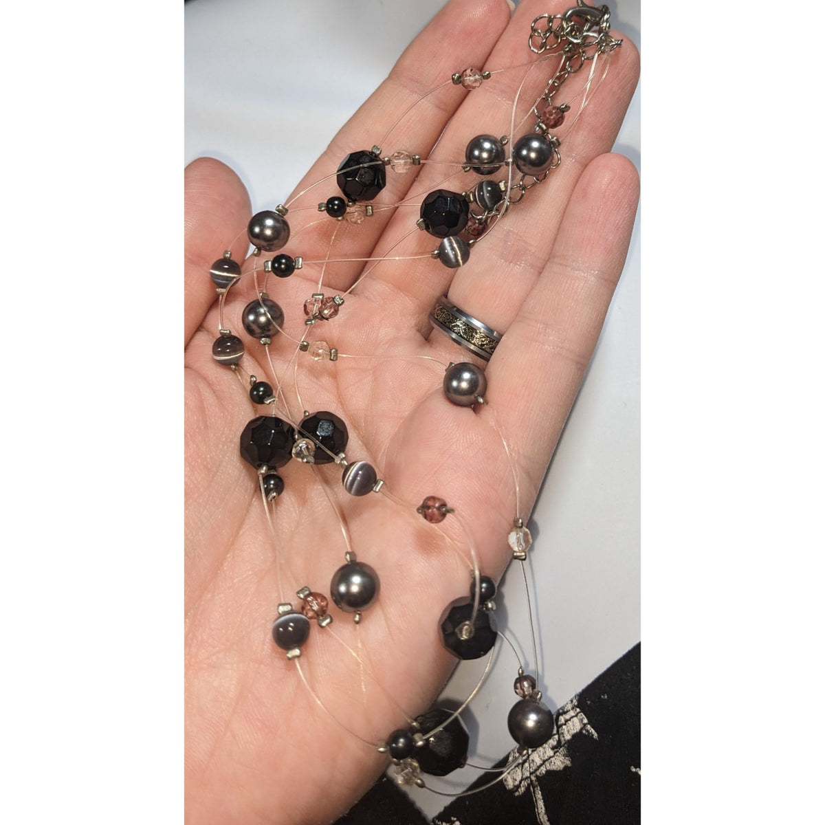 Gothic Glam Floating Black Gunmetal Beaded Illusion Necklace 16 Inch