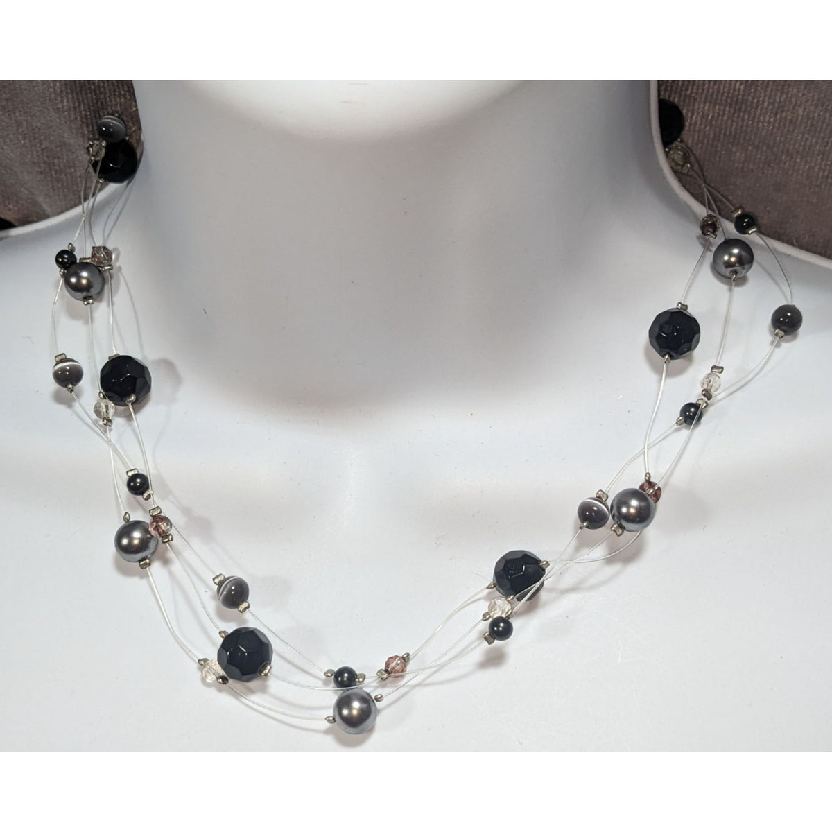 Gothic Glam Floating Black Gunmetal Beaded Illusion Necklace 16 Inch