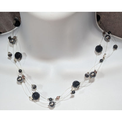 Gothic Glam Floating Black Gunmetal Beaded Illusion Necklace 16 Inch