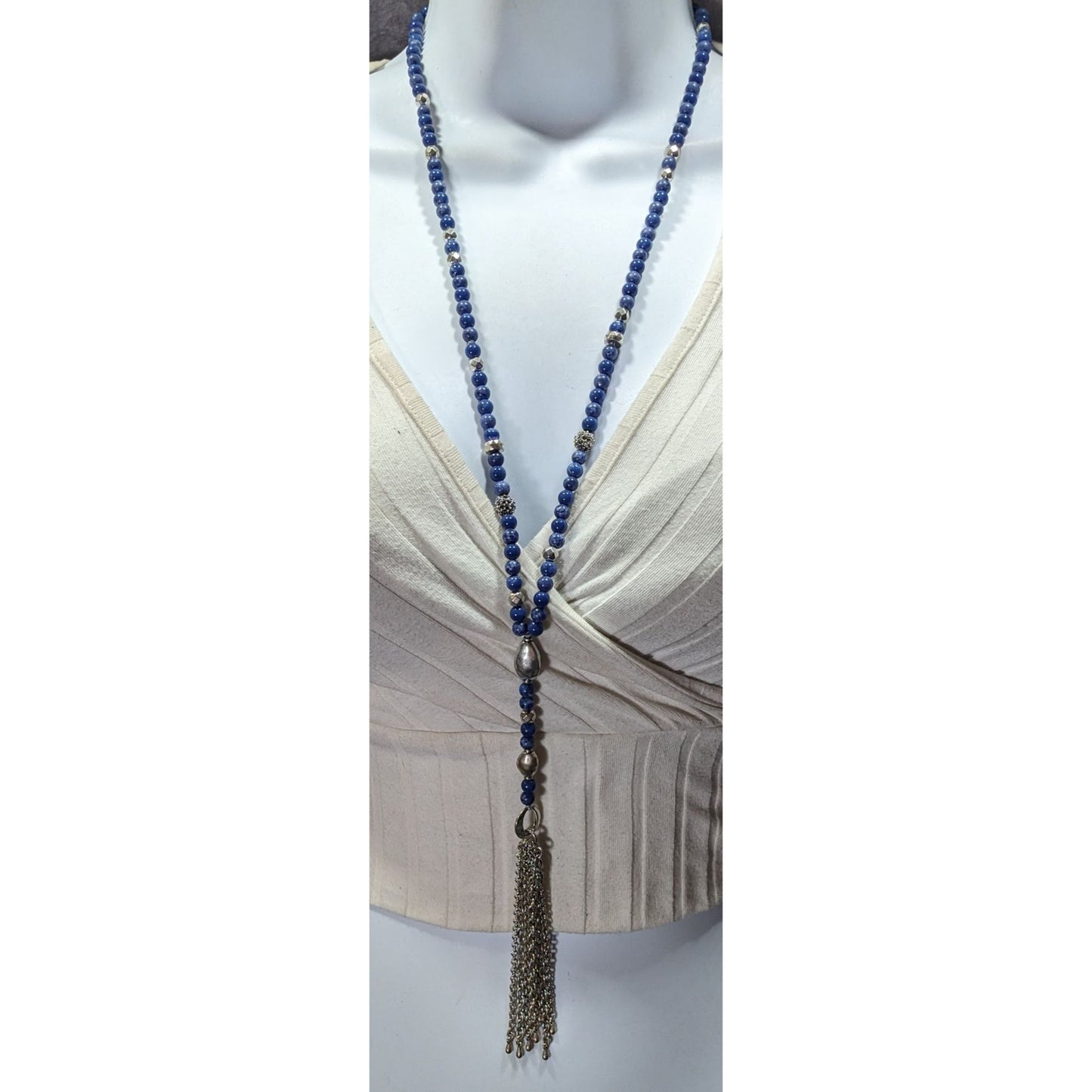 Bohemian Lucky Brand Lapis Lazuli Beaded Chain Tassel Necklace