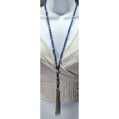 Bohemian Lucky Brand Lapis Lazuli Beaded Chain Tassel Necklace