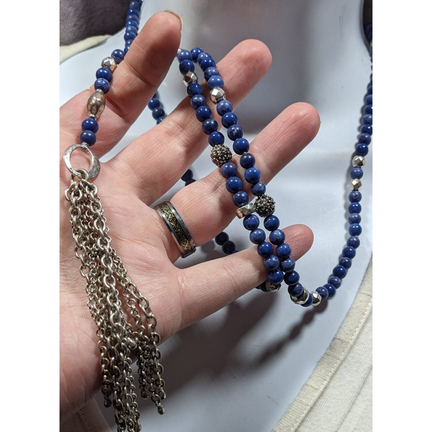 Bohemian Lucky Brand Lapis Lazuli Beaded Chain Tassel Necklace