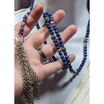 Bohemian Lucky Brand Lapis Lazuli Beaded Chain Tassel Necklace