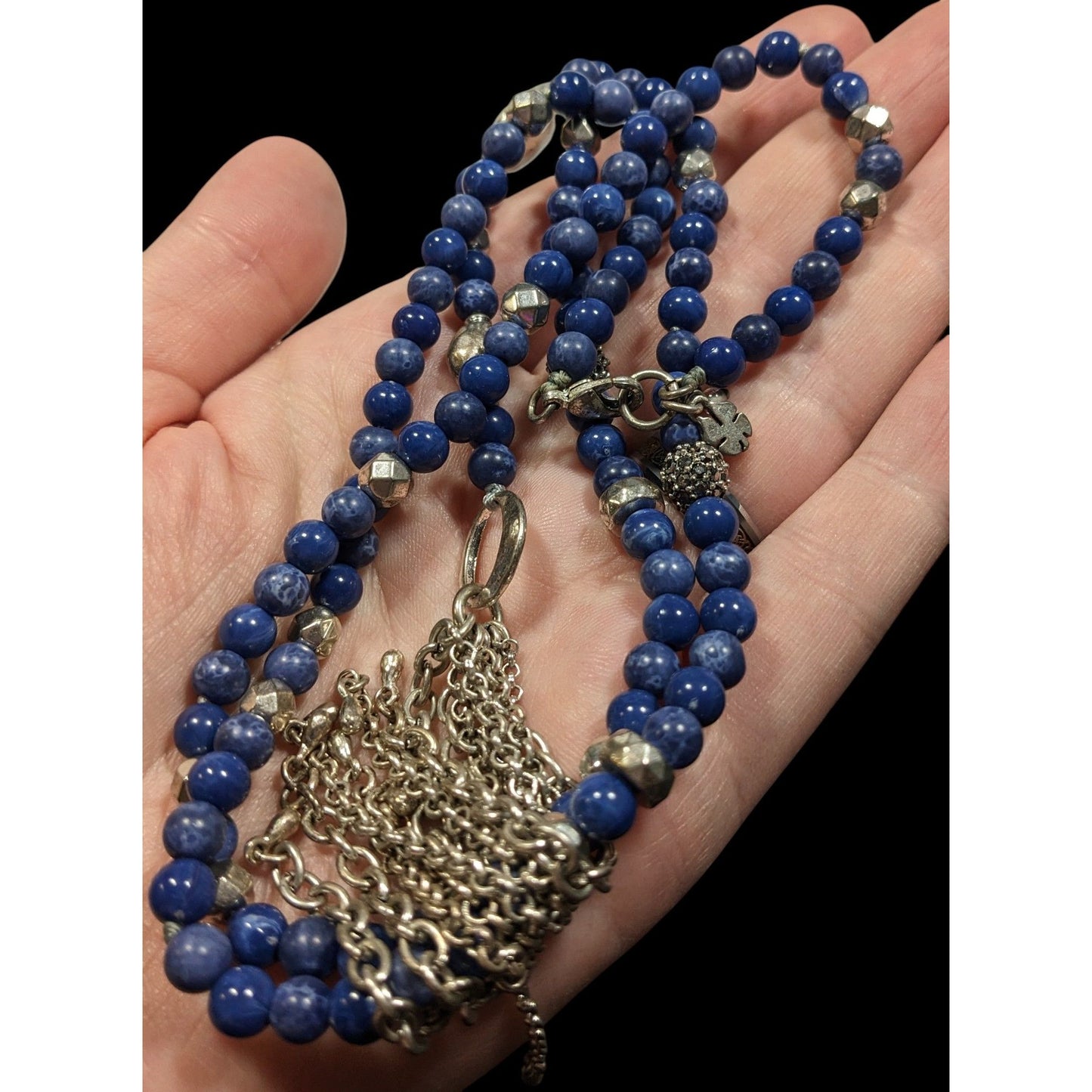 Bohemian Lucky Brand Lapis Lazuli Beaded Chain Tassel Necklace