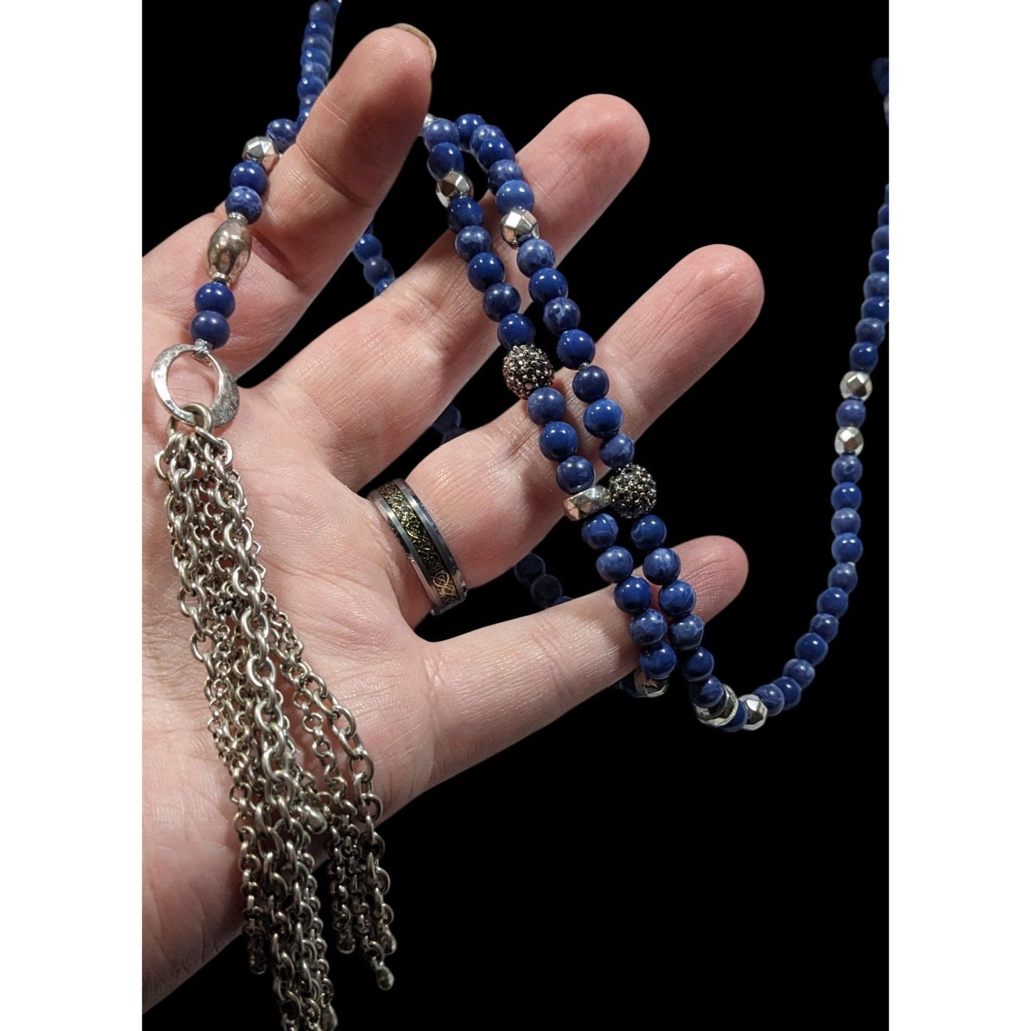Bohemian Lucky Brand Lapis Lazuli Beaded Chain Tassel Necklace