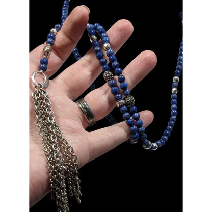 Bohemian Lucky Brand Lapis Lazuli Beaded Chain Tassel Necklace