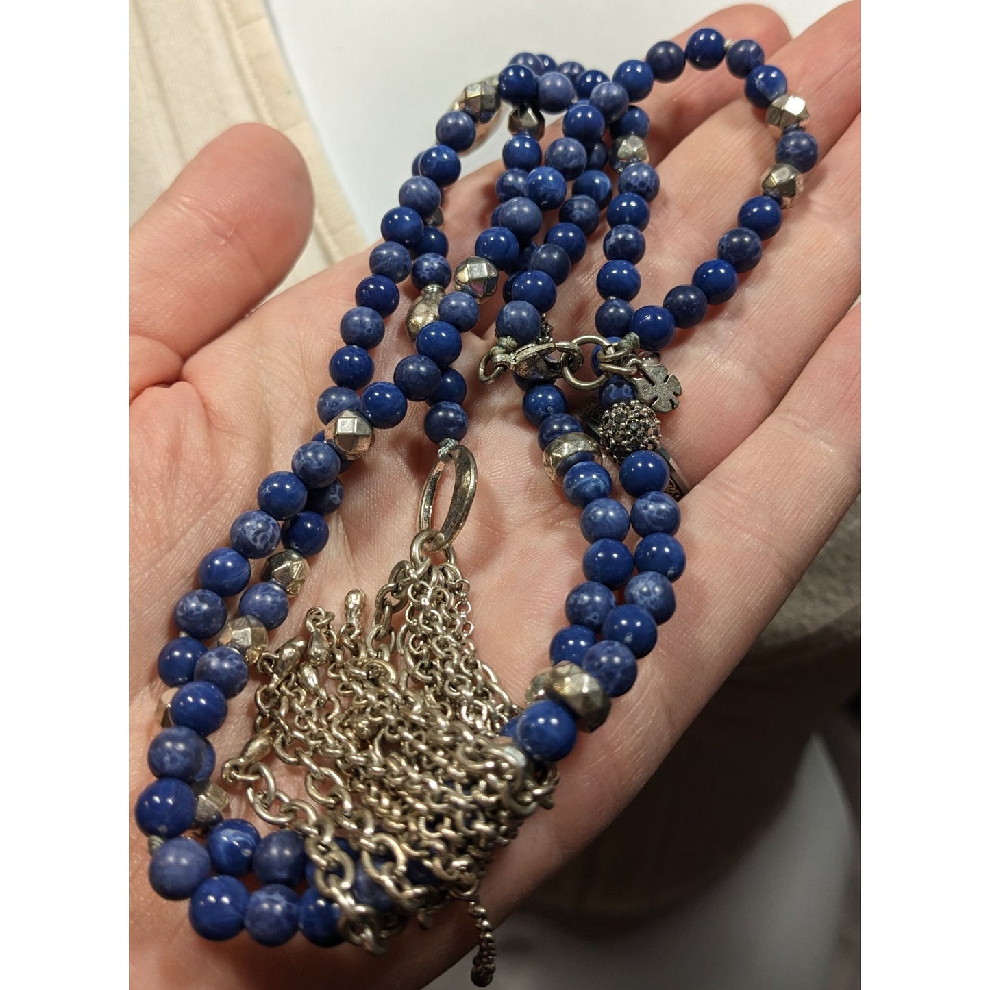 Bohemian Lucky Brand Lapis Lazuli Beaded Chain Tassel Necklace