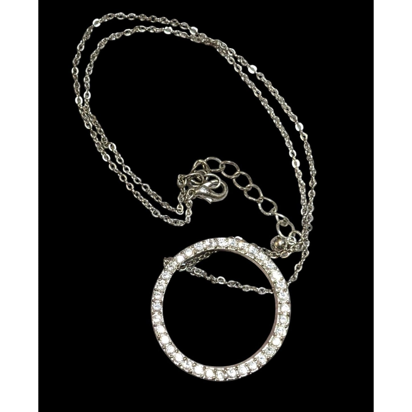 Glam Rhinestone Silver Tone Open Circle Pendant Necklace