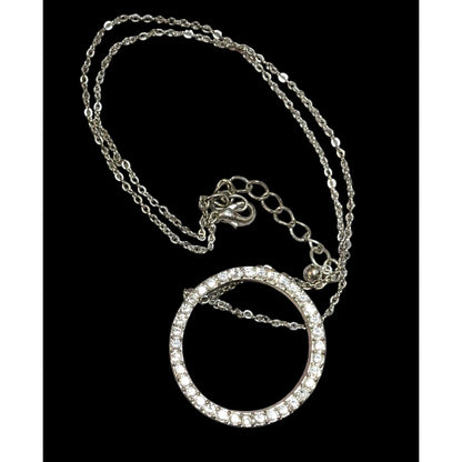 Glam Rhinestone Silver Tone Open Circle Pendant Necklace