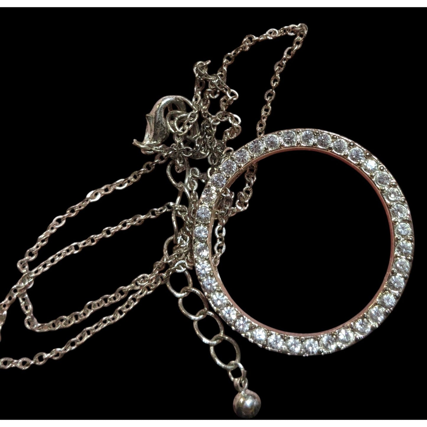 Glam Rhinestone Silver Tone Open Circle Pendant Necklace