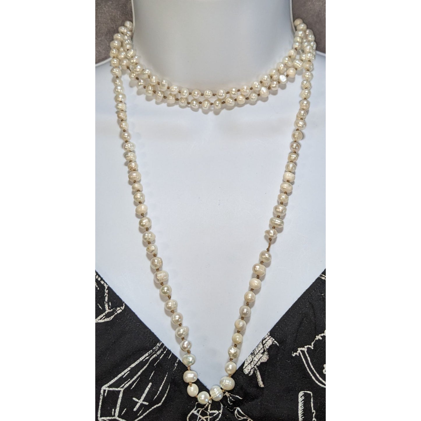 Vintage Genuine Pearl Necklace Long Knotted Freshwater Pearl Strand Classic Elegant Jewelry