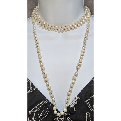 Vintage Genuine Pearl Necklace Long Knotted Freshwater Pearl Strand Classic Elegant Jewelry