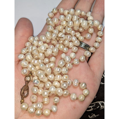 Vintage Genuine Pearl Necklace Long Knotted Freshwater Pearl Strand Classic Elegant Jewelry