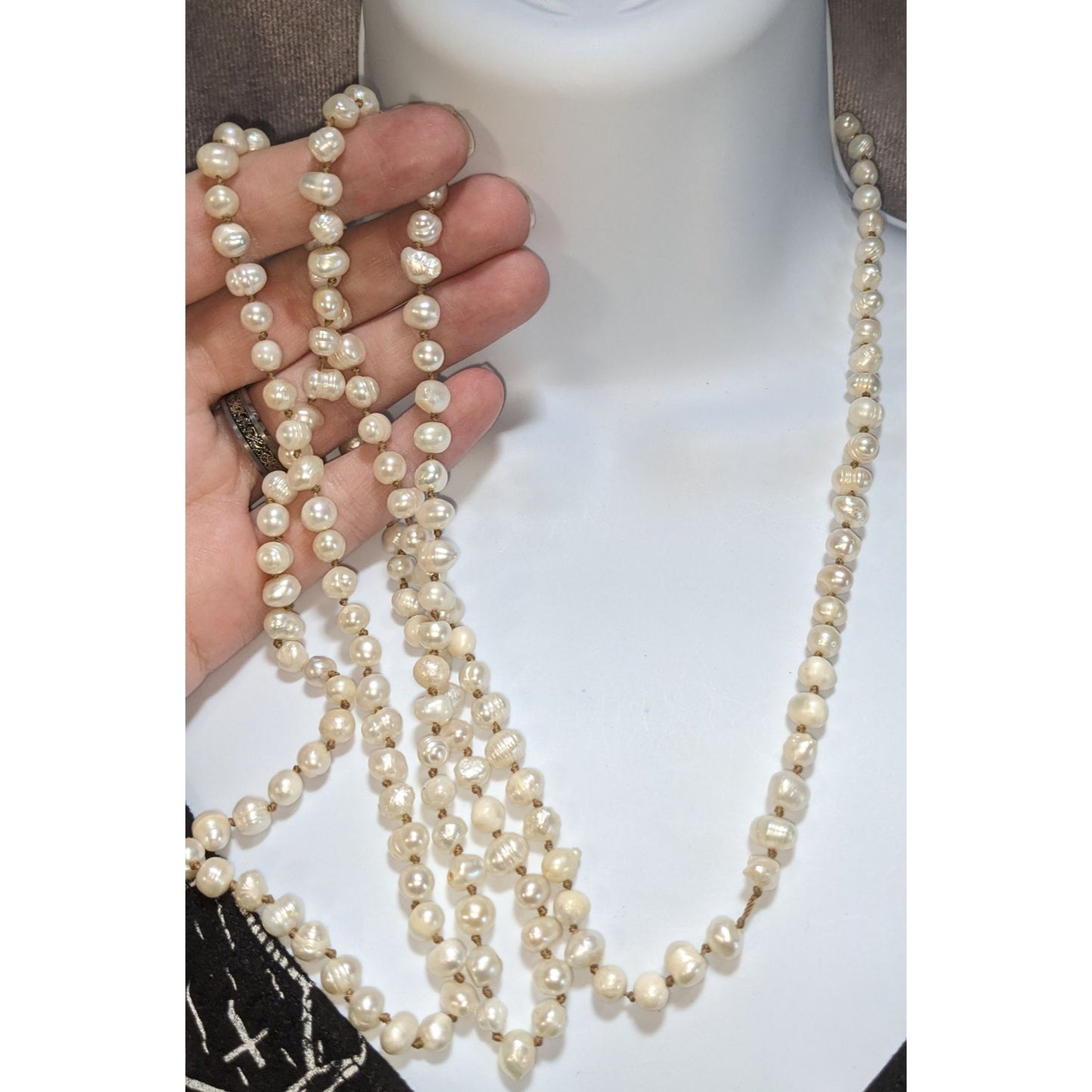Vintage Genuine Pearl Necklace Long Knotted Freshwater Pearl Strand Classic Elegant Jewelry