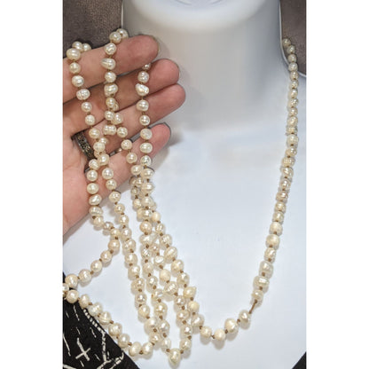 Vintage Genuine Pearl Necklace Long Knotted Freshwater Pearl Strand Classic Elegant Jewelry