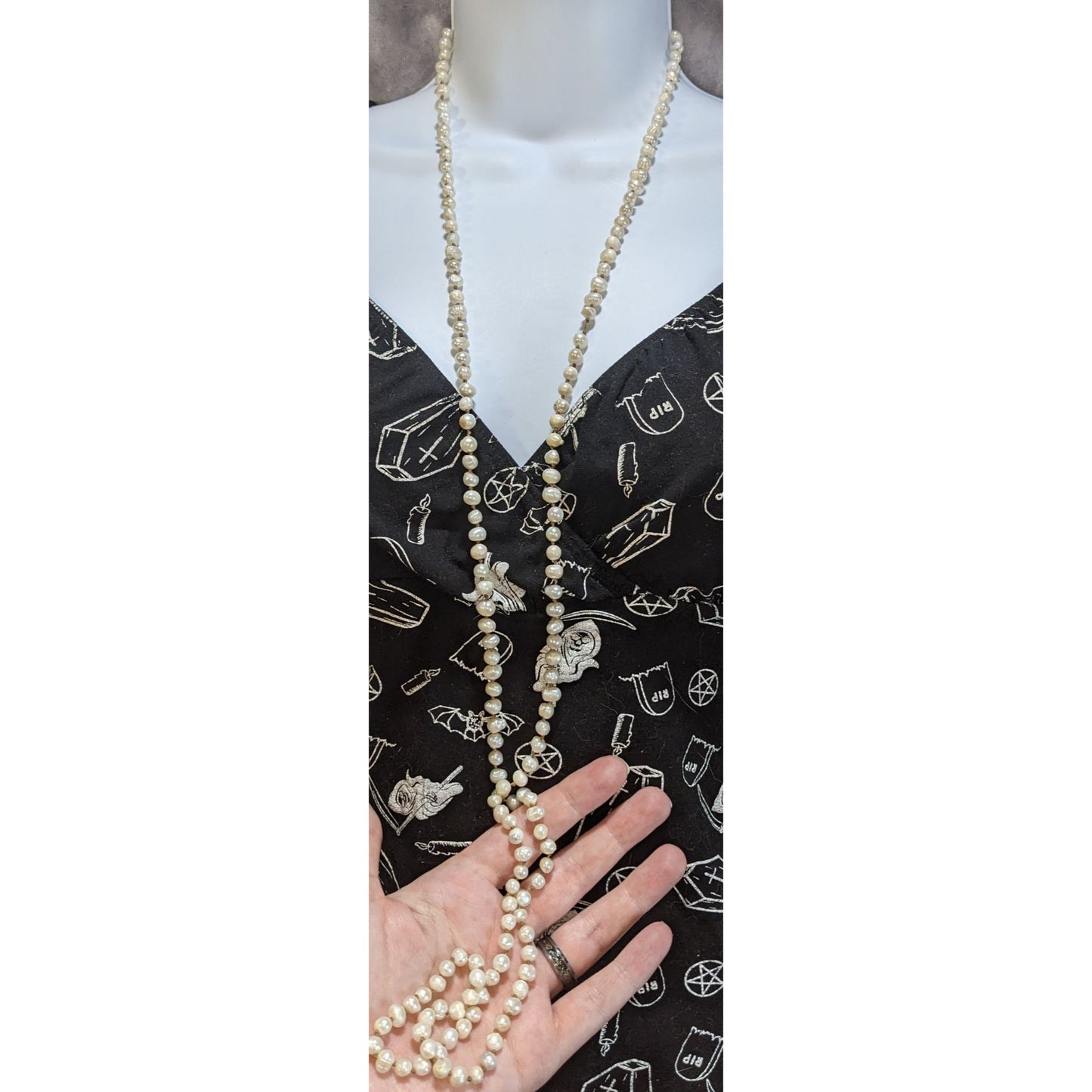 Vintage Genuine Pearl Necklace Long Knotted Freshwater Pearl Strand Classic Elegant Jewelry