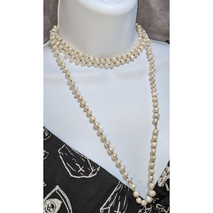 Vintage Genuine Pearl Necklace Long Knotted Freshwater Pearl Strand Classic Elegant Jewelry