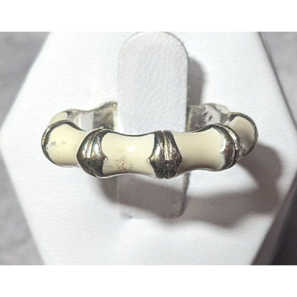 Vintage Cream And Silver Tone Bamboo Style Fashion Ring Size 7 3/4