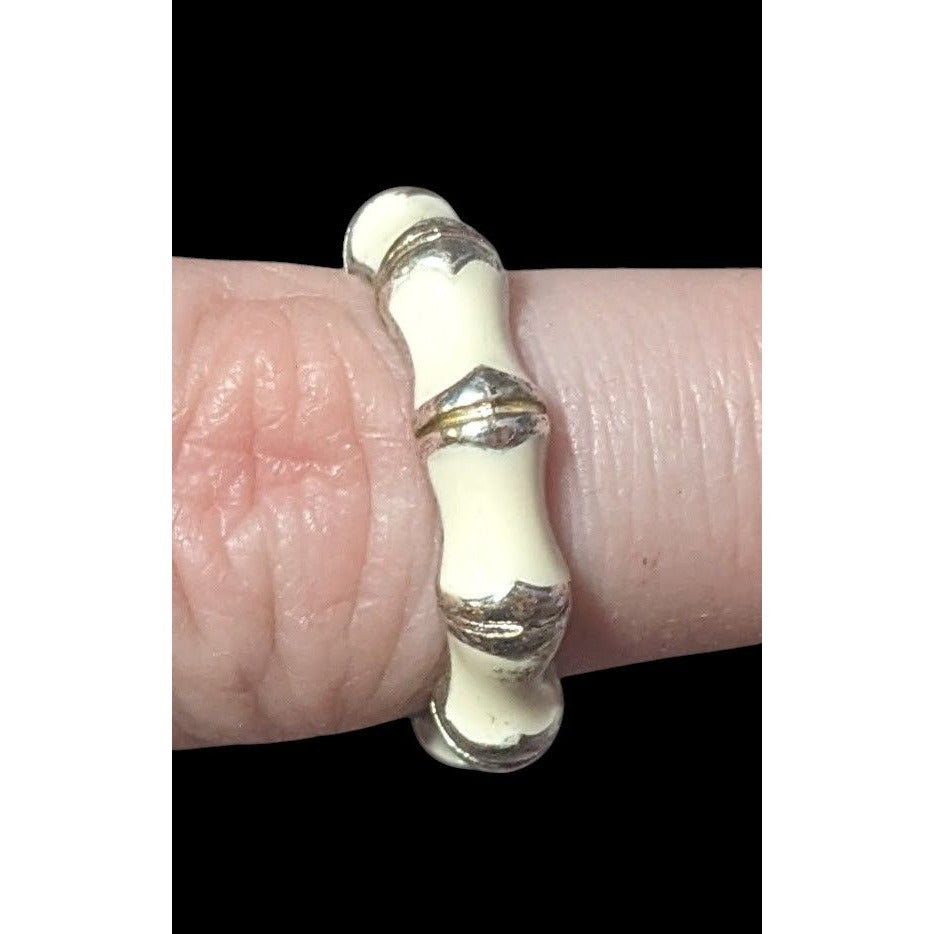 Vintage Cream And Silver Tone Bamboo Style Fashion Ring Size 7 3/4