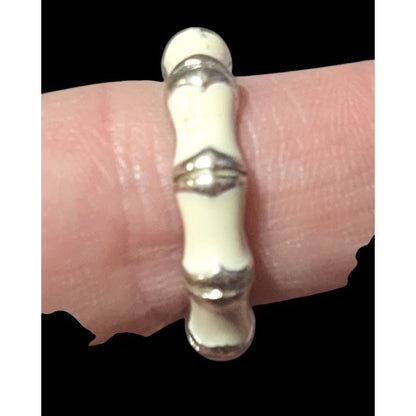 Vintage Cream And Silver Tone Bamboo Style Fashion Ring Size 7 3/4