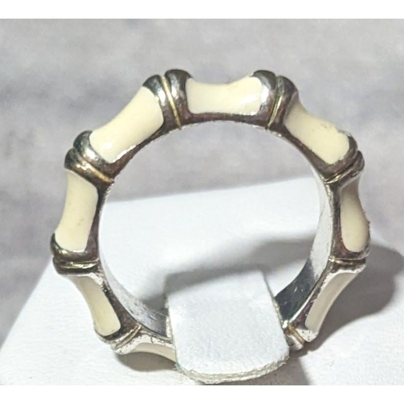 Vintage Cream And Silver Tone Bamboo Style Fashion Ring Size 7 3/4