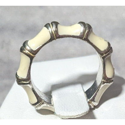 Vintage Cream And Silver Tone Bamboo Style Fashion Ring Size 7 3/4