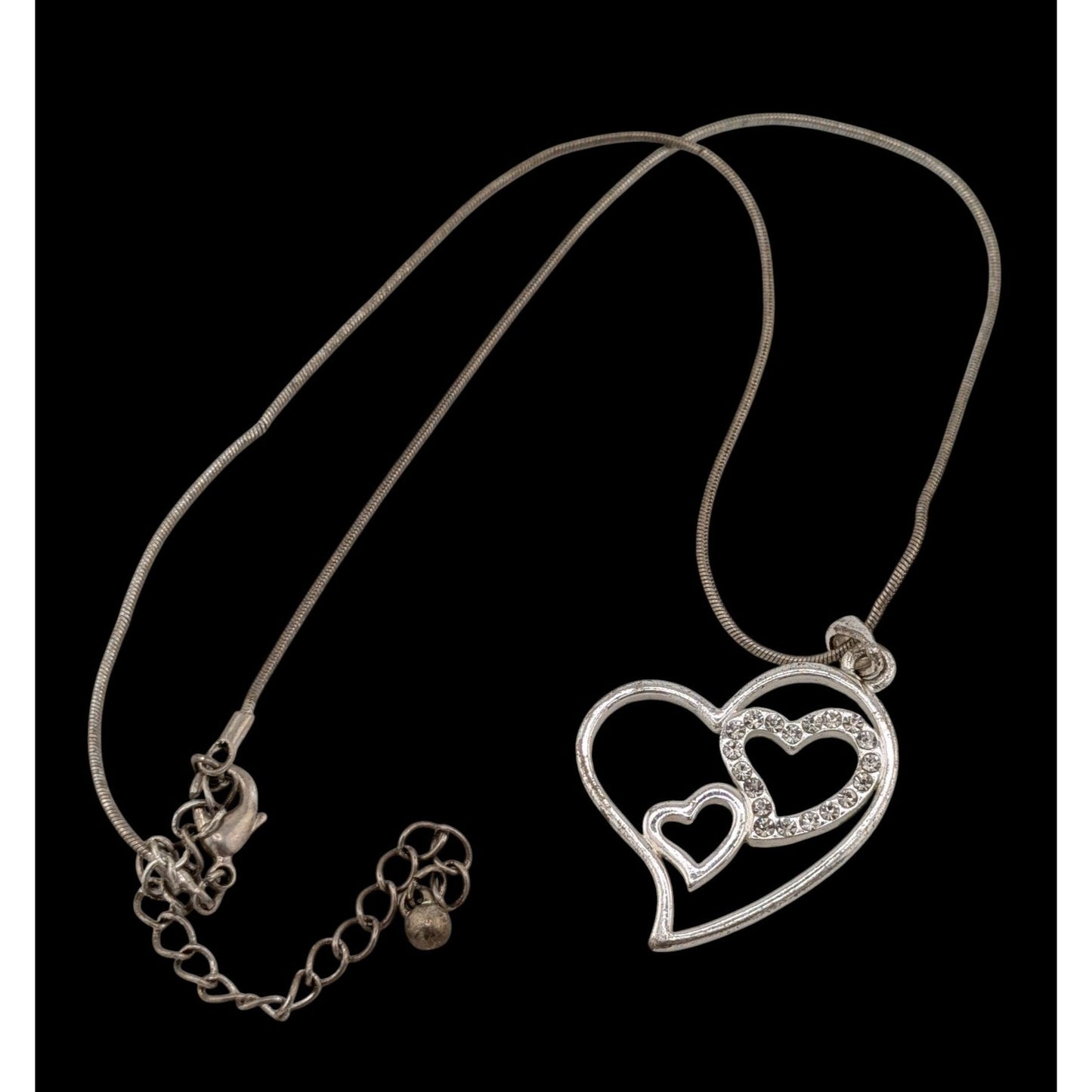 Valentine's Love Heart In Heart Silver Tone Pendant Necklace With Rhinestones