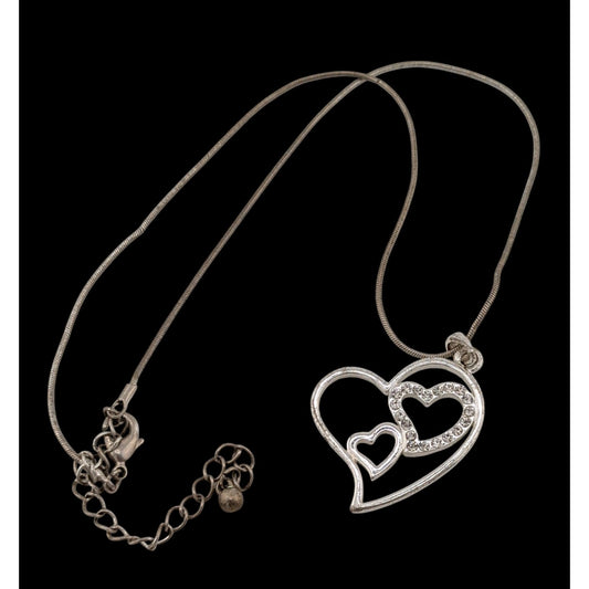 Valentine's Love Heart In Heart Silver Tone Pendant Necklace With Rhinestones