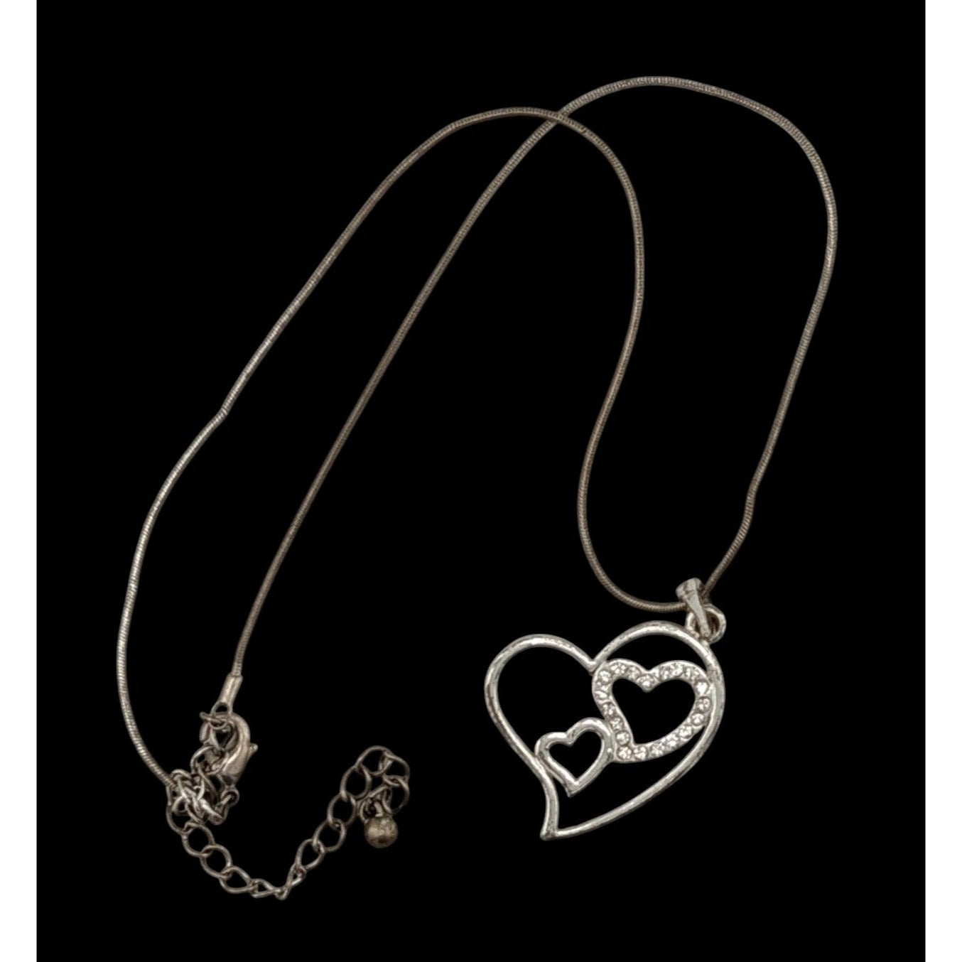 Valentine's Love Heart In Heart Silver Tone Pendant Necklace With Rhinestones