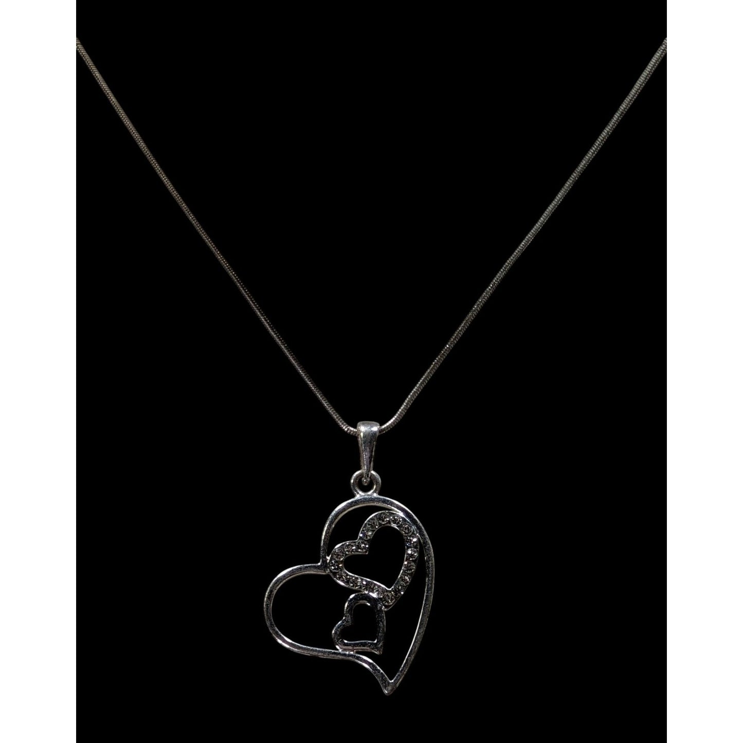 Valentine's Love Heart In Heart Silver Tone Pendant Necklace With Rhinestones