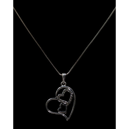 Valentine's Love Heart In Heart Silver Tone Pendant Necklace With Rhinestones