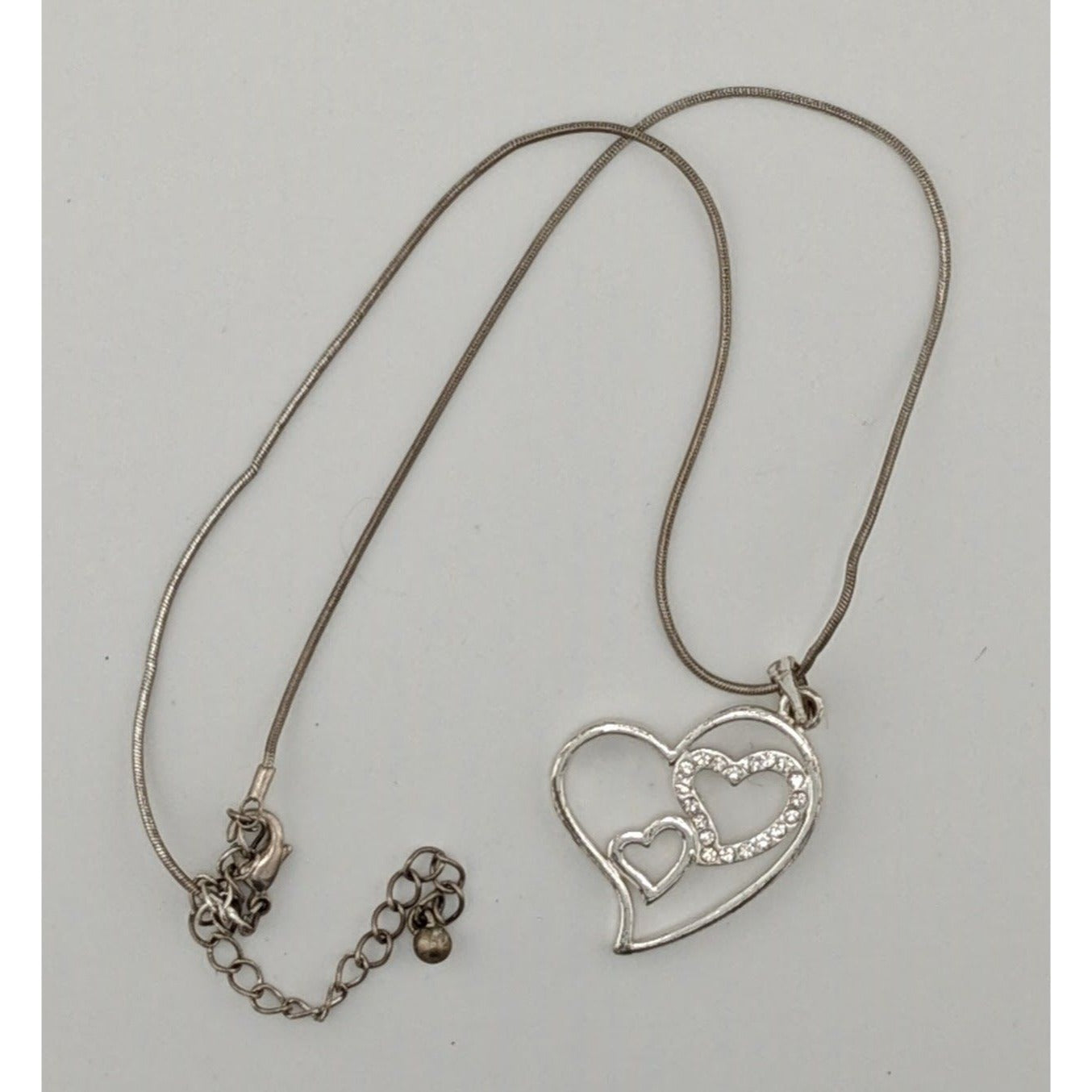 Valentine's Love Heart In Heart Silver Tone Pendant Necklace With Rhinestones