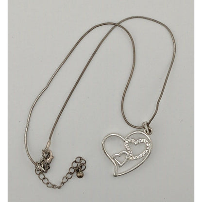 Valentine's Love Heart In Heart Silver Tone Pendant Necklace With Rhinestones