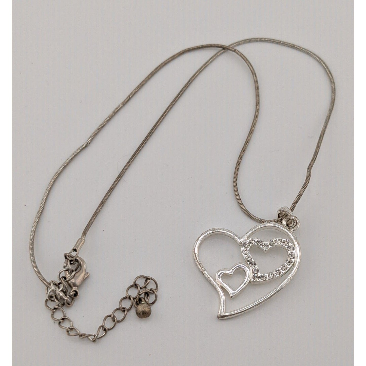 Valentine's Love Heart In Heart Silver Tone Pendant Necklace With Rhinestones
