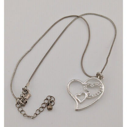 Valentine's Love Heart In Heart Silver Tone Pendant Necklace With Rhinestones