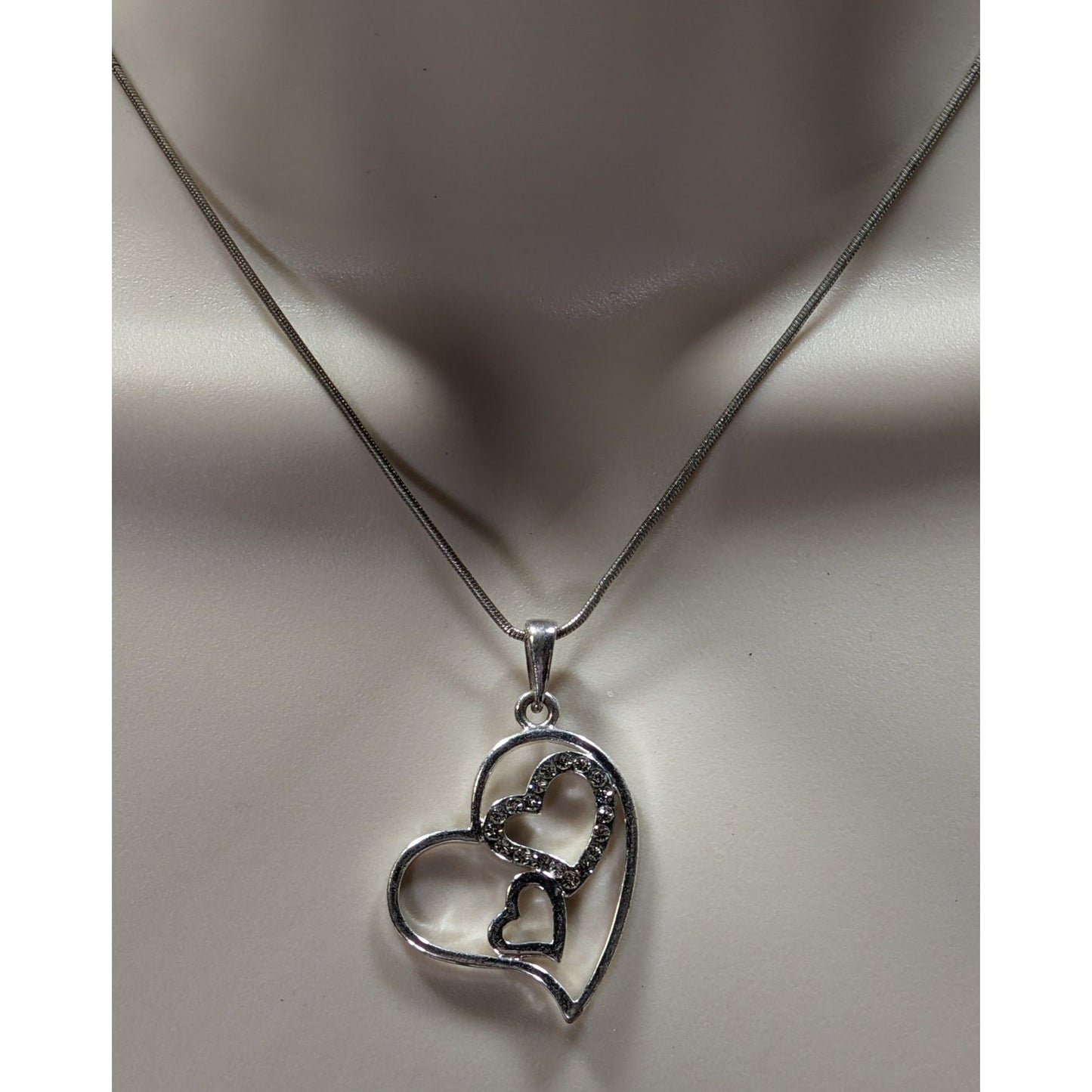 Valentine's Love Heart In Heart Silver Tone Pendant Necklace With Rhinestones