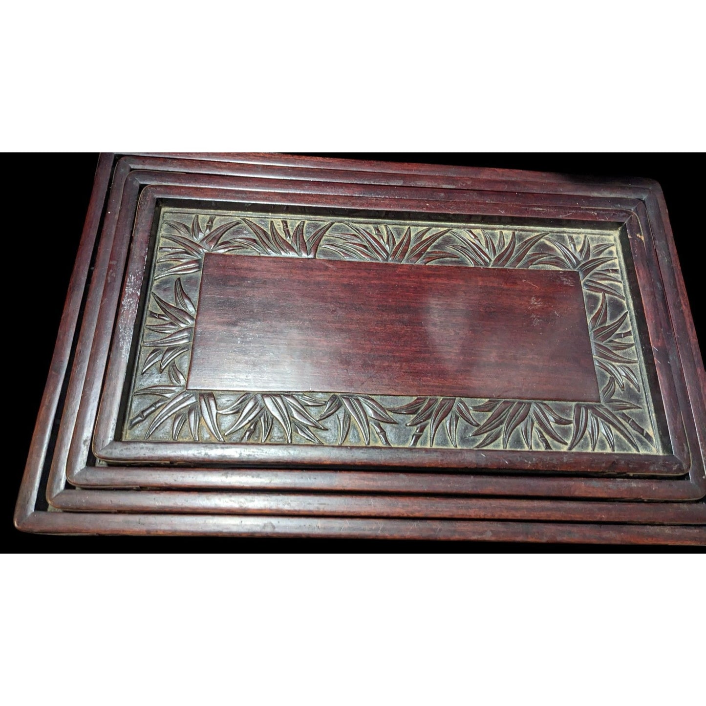 Vintage Hand Carved Solid Wood Nesting Trays With Brass Accents (4)