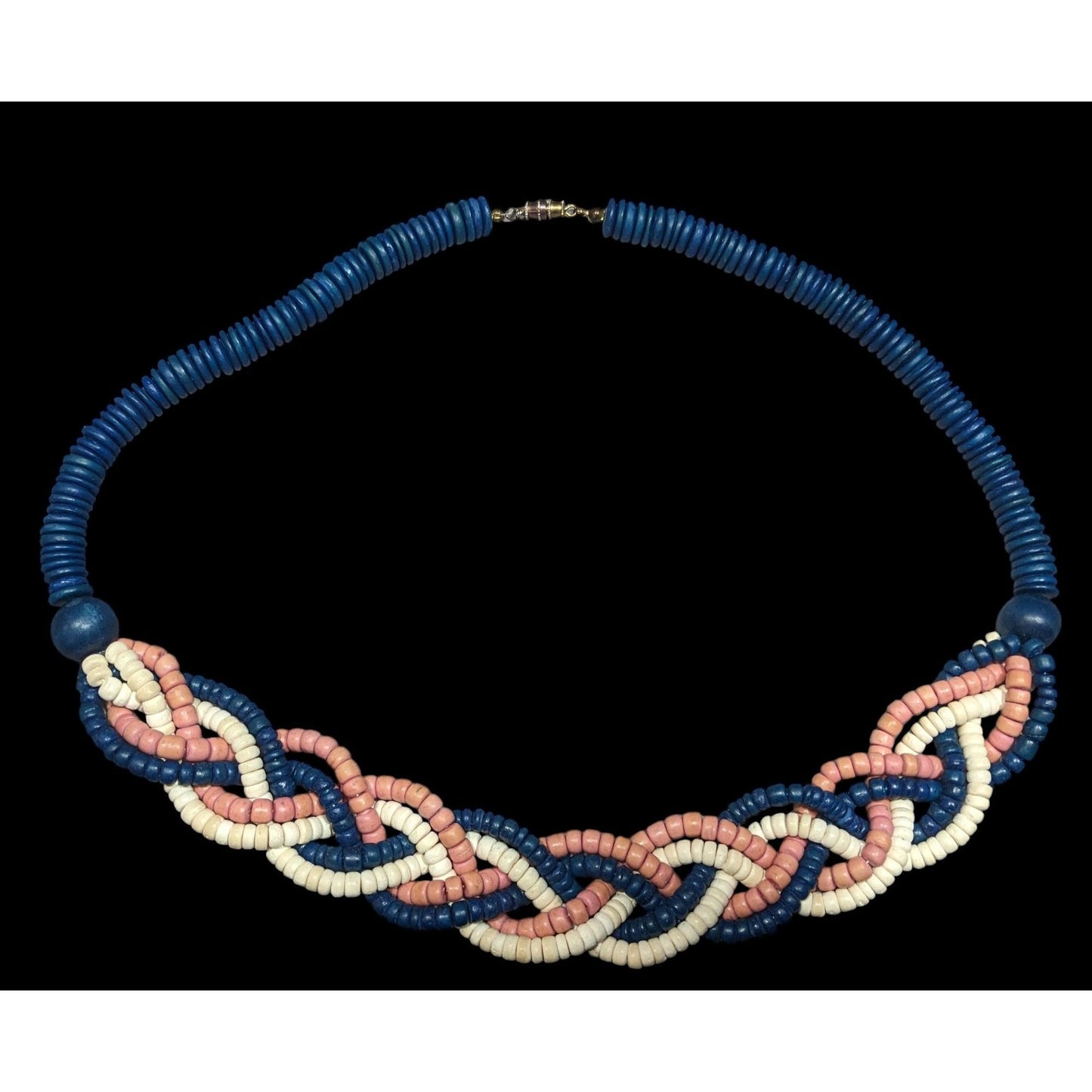 Vintage Rustic Blue And Pink Wood Beaded Braided Necklace