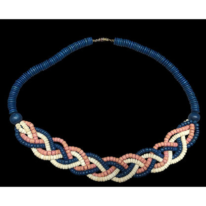 Vintage Rustic Blue And Pink Wood Beaded Braided Necklace