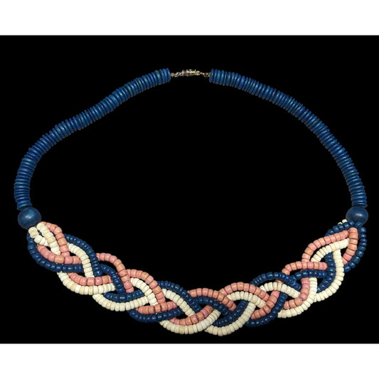 Vintage Rustic Blue And Pink Wood Beaded Braided Necklace