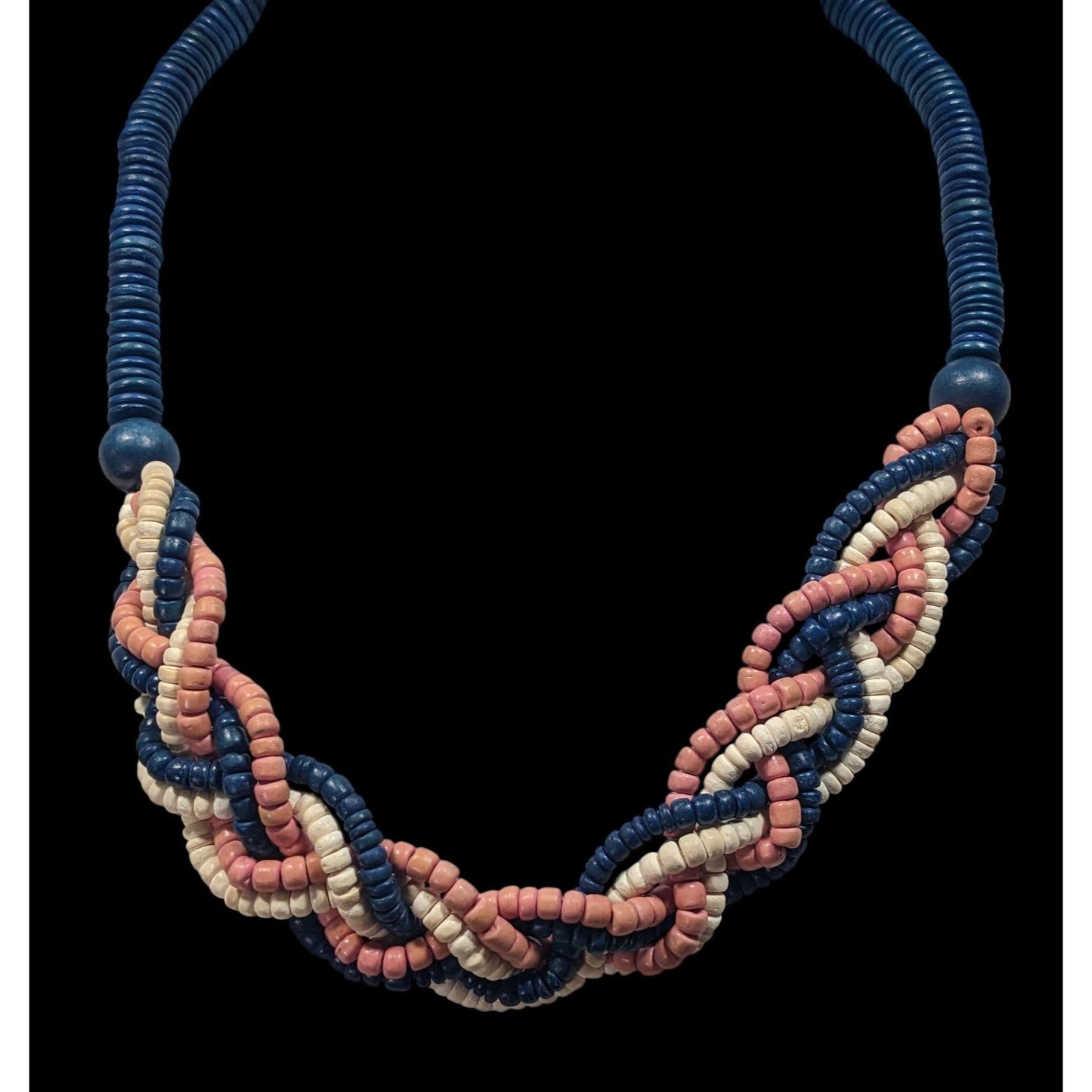 Vintage Rustic Blue And Pink Wood Beaded Braided Necklace