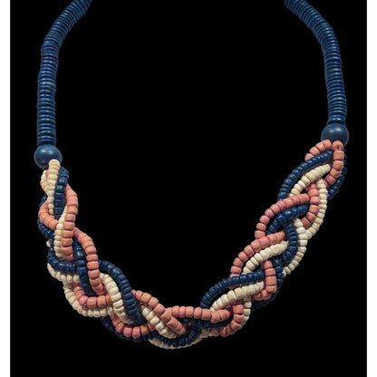Vintage Rustic Blue And Pink Wood Beaded Braided Necklace