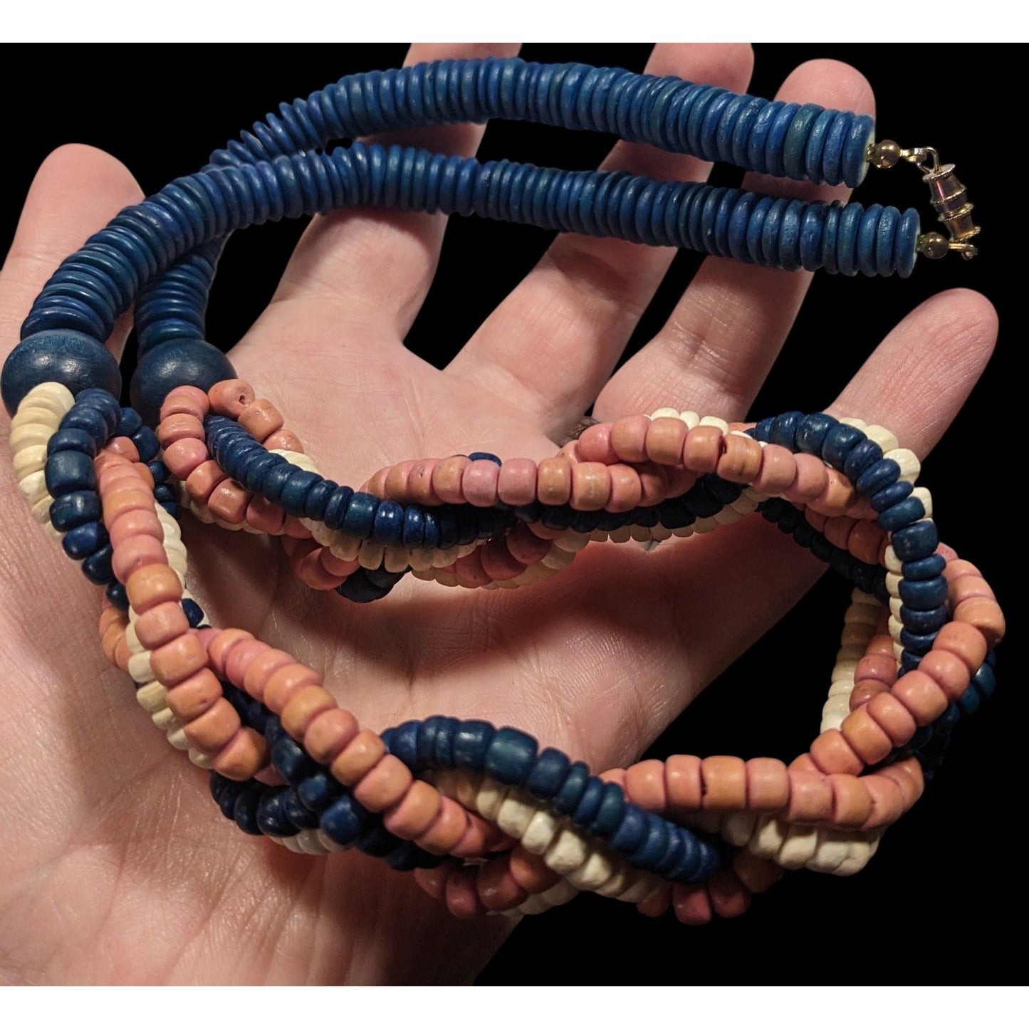 Vintage Rustic Blue And Pink Wood Beaded Braided Necklace