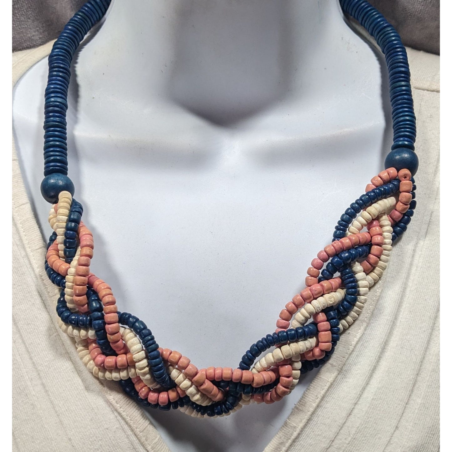Vintage Rustic Blue And Pink Wood Beaded Braided Necklace