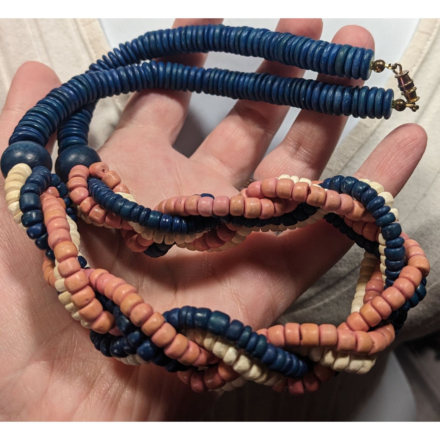 Vintage Rustic Blue And Pink Wood Beaded Braided Necklace