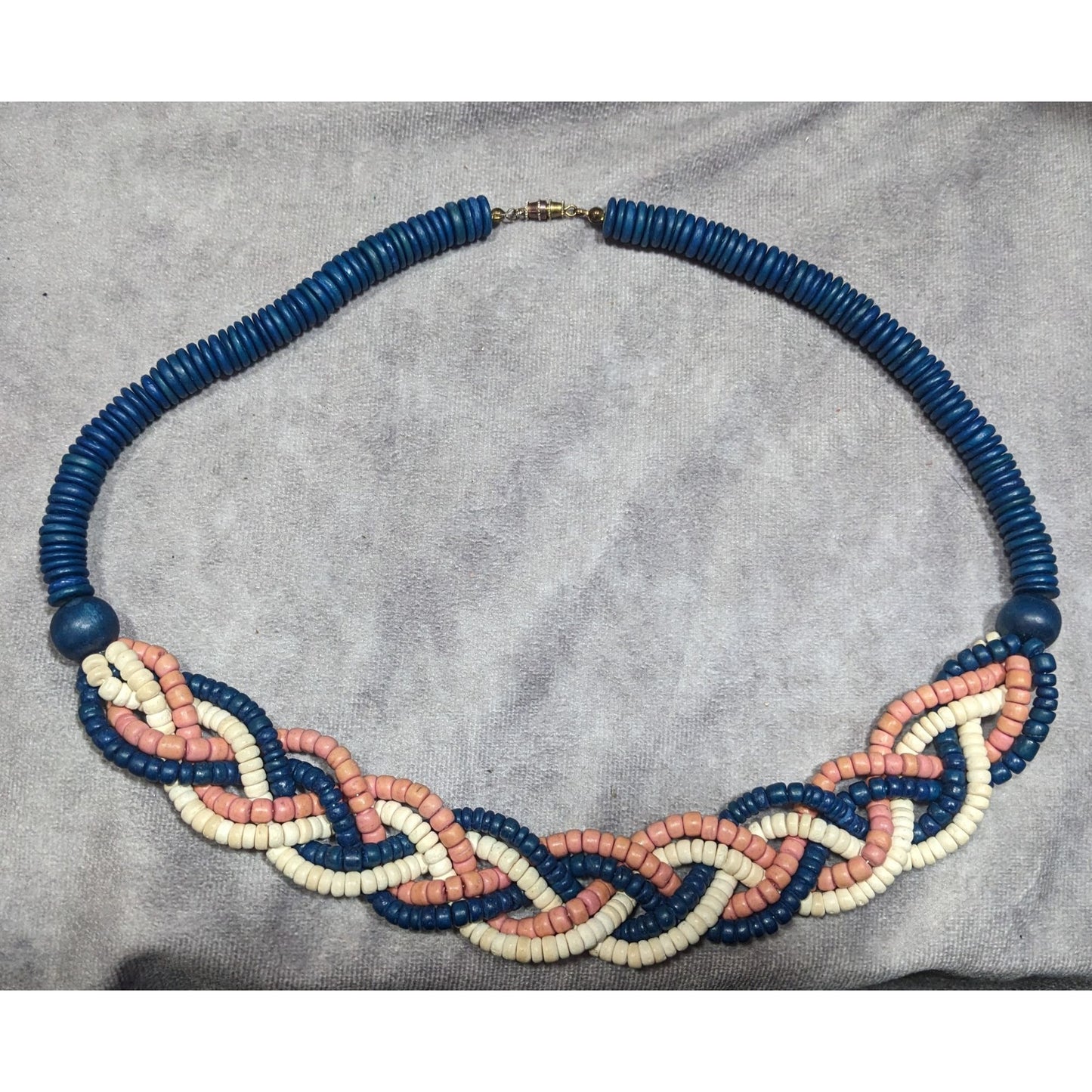 Vintage Rustic Blue And Pink Wood Beaded Braided Necklace