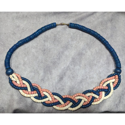 Vintage Rustic Blue And Pink Wood Beaded Braided Necklace
